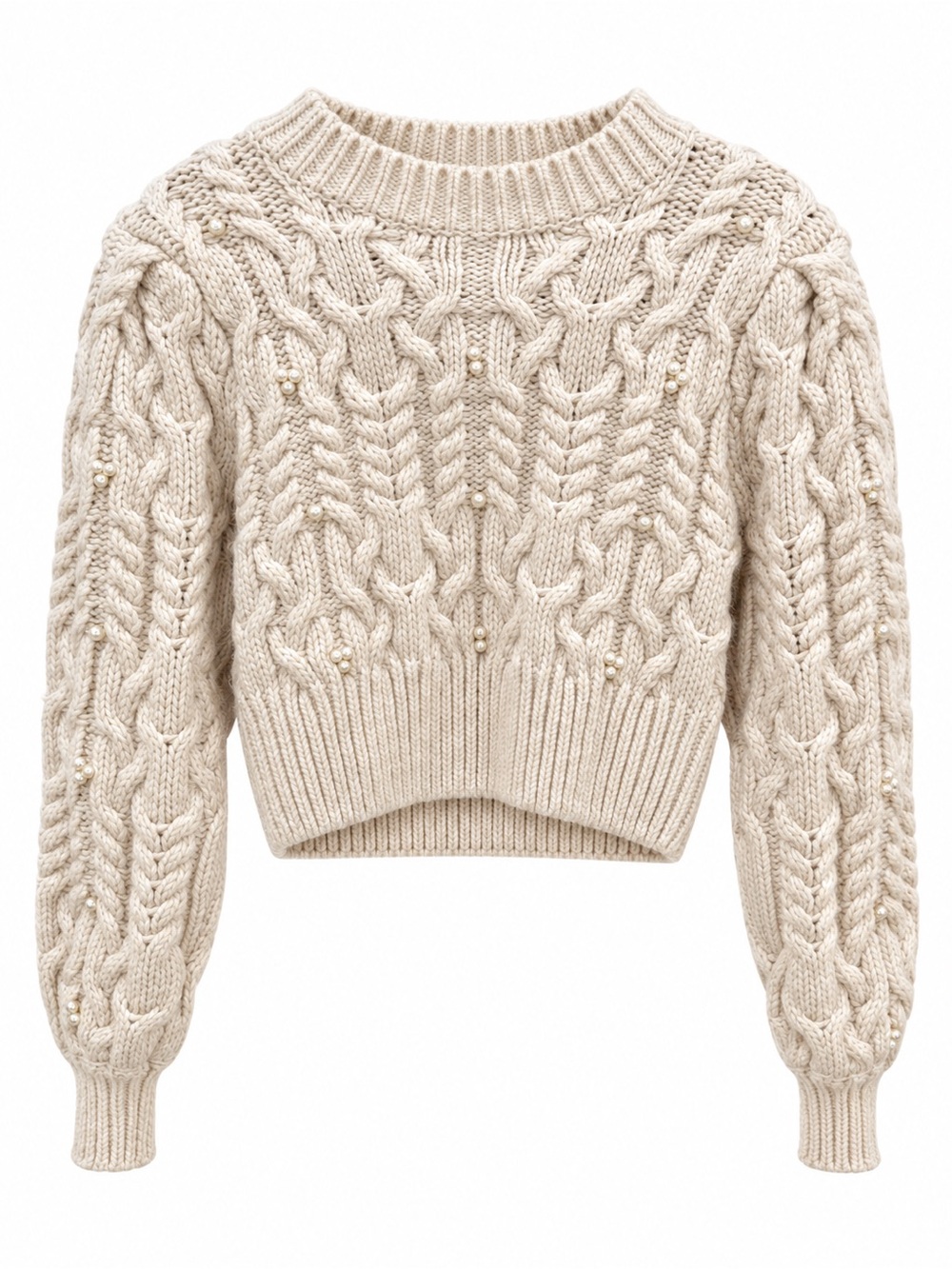 Zara Pearl-Embellished Cable Knit Crop Sweater in Cream